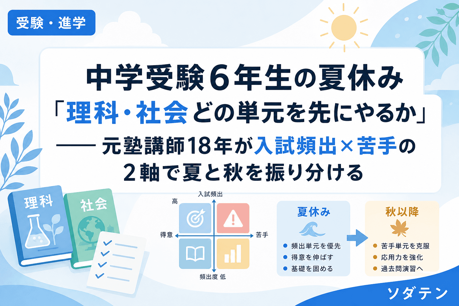 中学受験6年生の夏休み「理科・社会どの単元を先にやるか」──元塾講師18年が入試頻出×苦手の2軸で夏と秋を振り分ける
