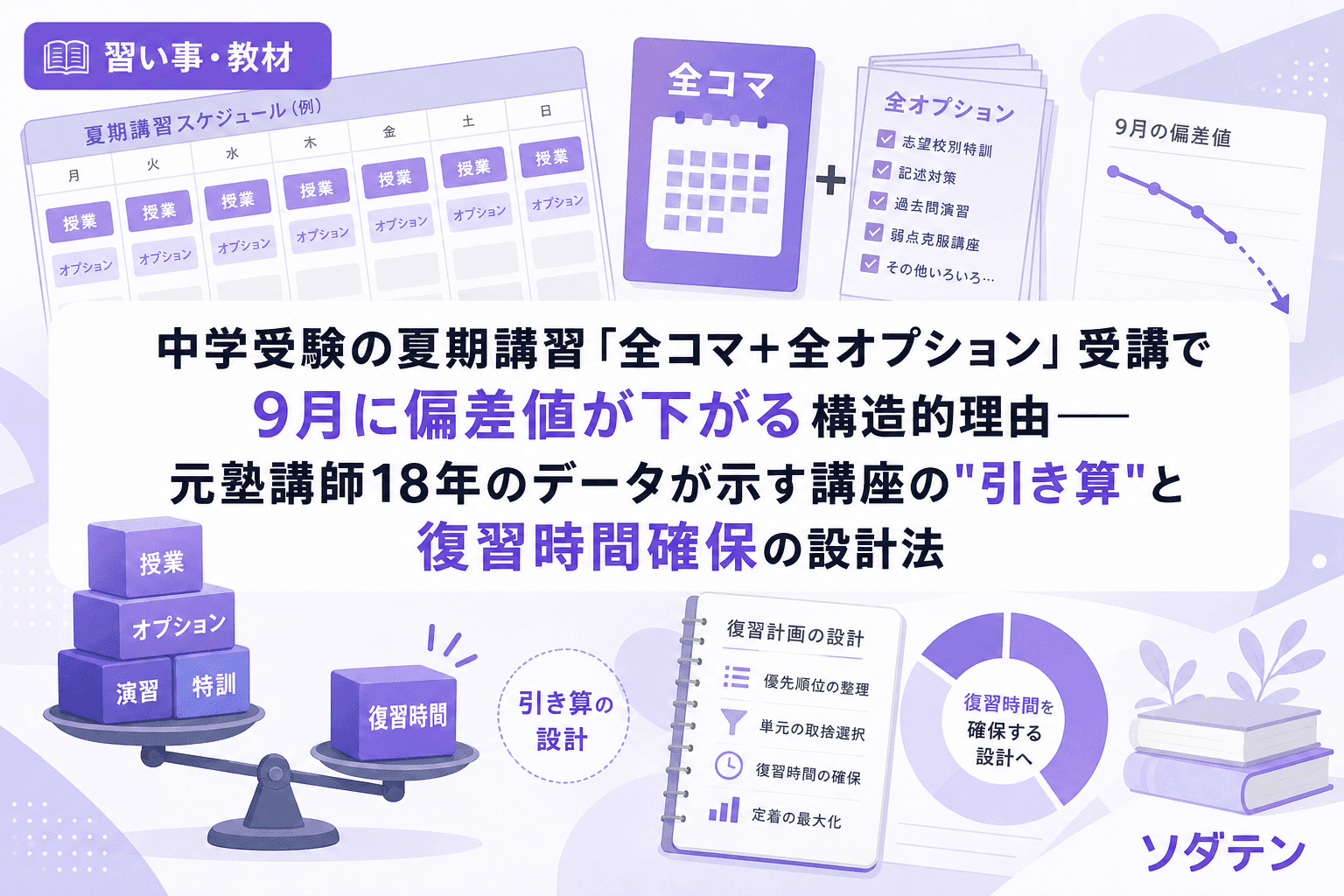 中学受験の夏期講習「全コマ+全オプション」受講で9月に偏差値が下がる構造的理由──元塾講師18年のデータが示す講座の"引き算"と復習時間確保の設計法