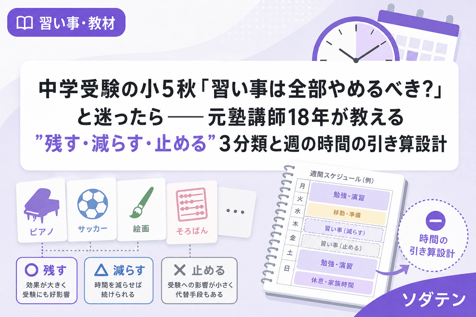中学受験の小5秋「習い事は全部やめるべき?」と迷ったら──元塾講師18年が教える"残す・減らす・止める"3分類と週の時間の引き算設計