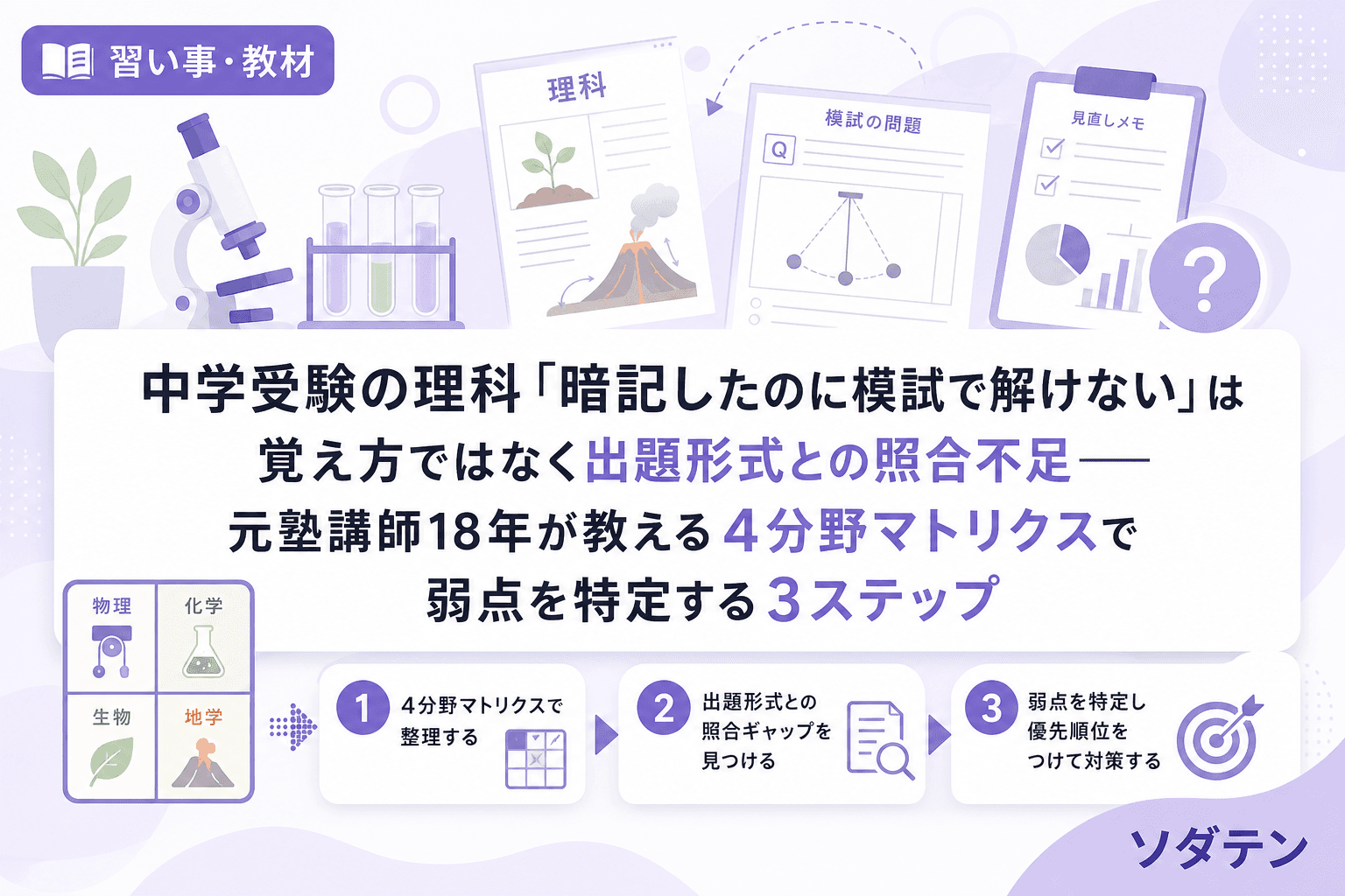 中学受験の理科「暗記したのに模試で解けない」は覚え方ではなく出題形式との照合不足──元塾講師18年が教える4分野マトリクスで弱点を特定する3ステップ