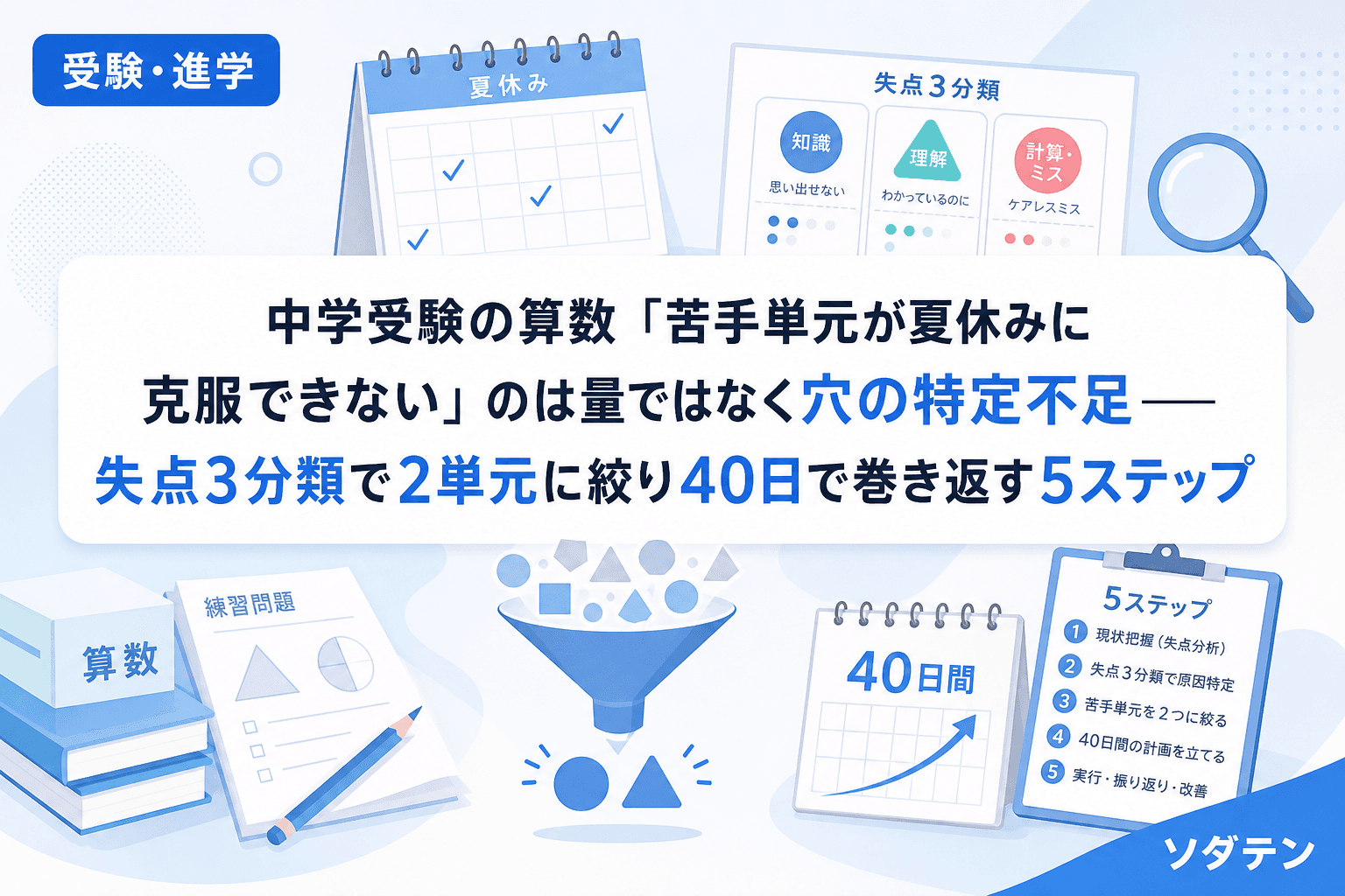 中学受験の算数「苦手単元が夏休みに克服できない」のは量ではなく穴の特定不足──失点3分類で2単元に絞り40日で巻き返す5ステップ