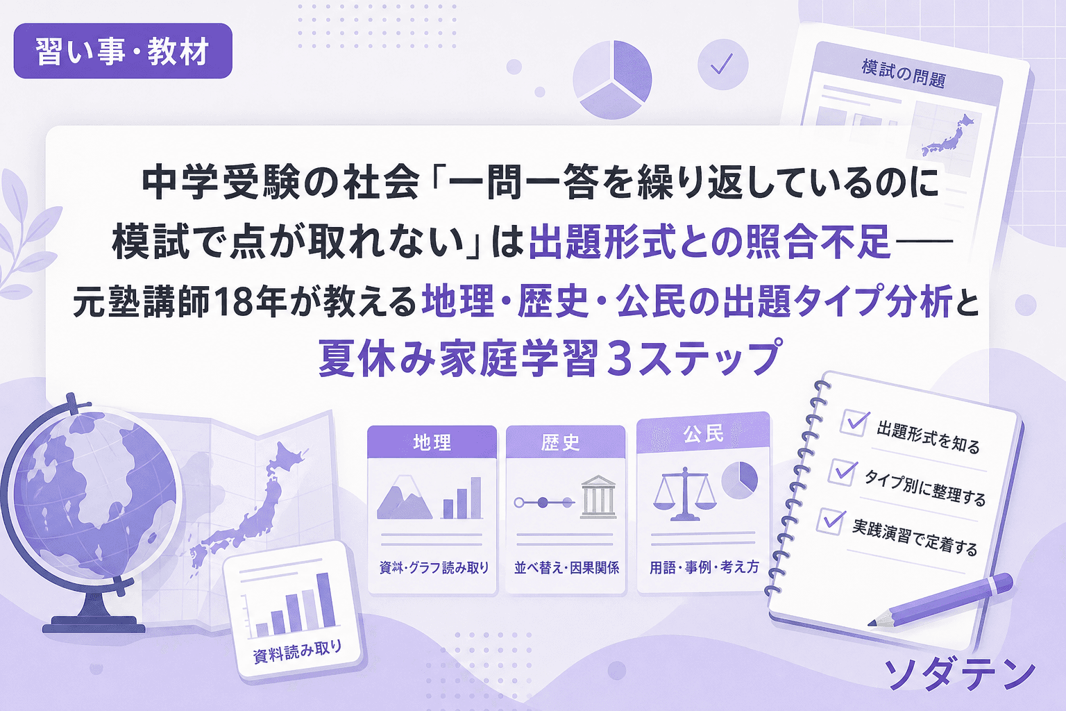 中学受験の社会「一問一答を繰り返しているのに模試で点が取れない」は出題形式との照合不足──元塾講師18年が教える地理・歴史・公民の出題タイプ分析と夏休み家庭学習3ステップ