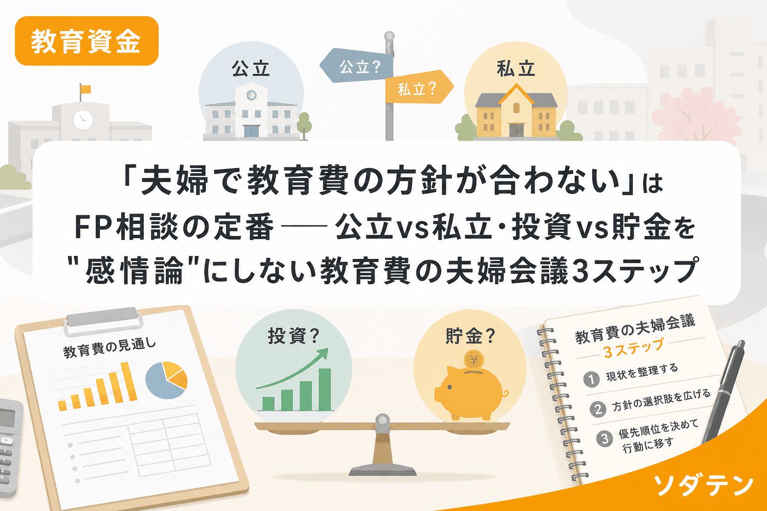 「夫婦で教育費の方針が合わない」はFP相談の定番──公立vs私立・投資vs貯金を"感情論"にしない教育費の夫婦会議3ステップ