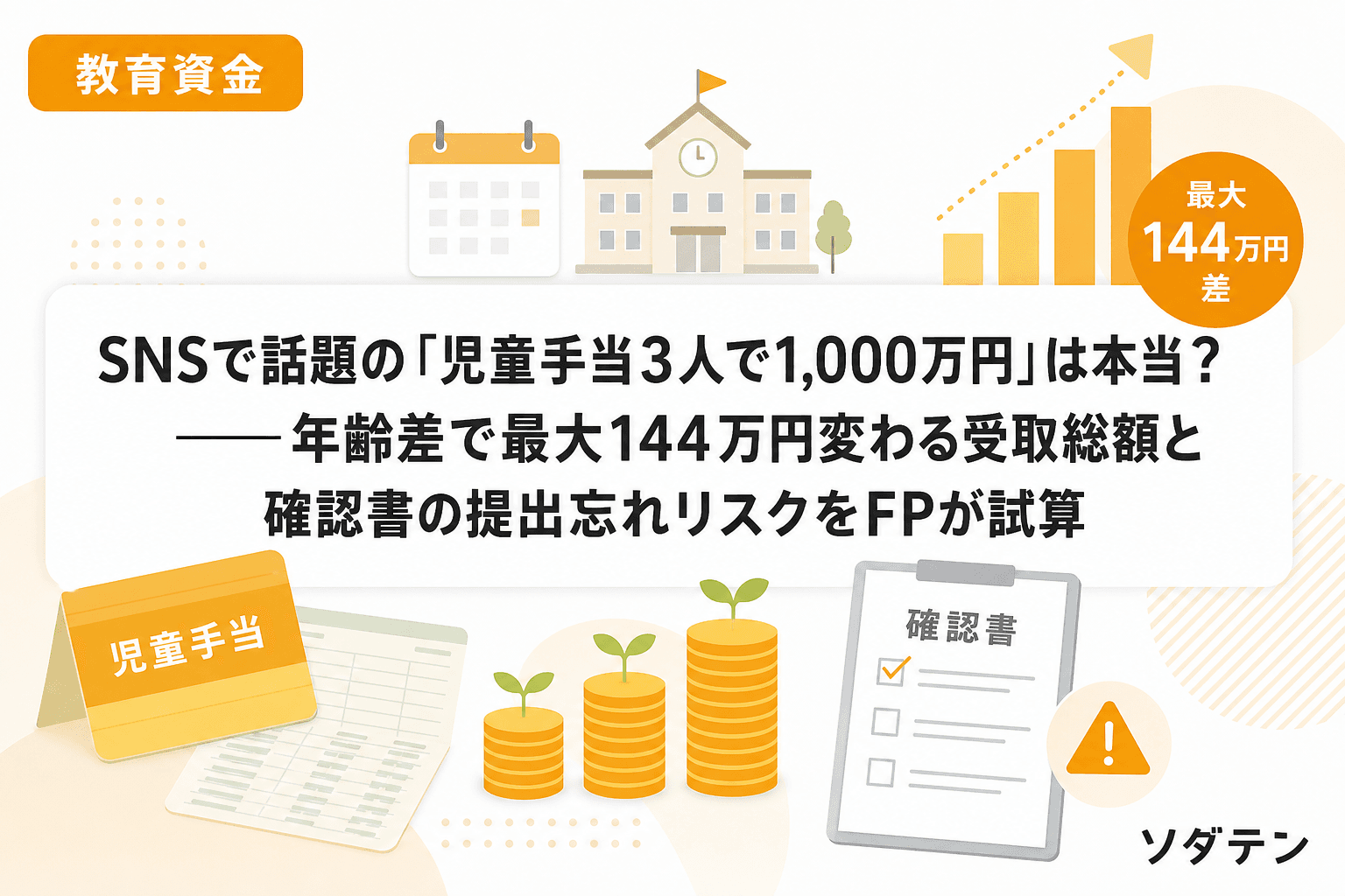 SNSで話題の「児童手当3人で1,000万円」は本当?──年齢差で最大144万円変わる受取総額と確認書の提出忘れリスクをFPが試算