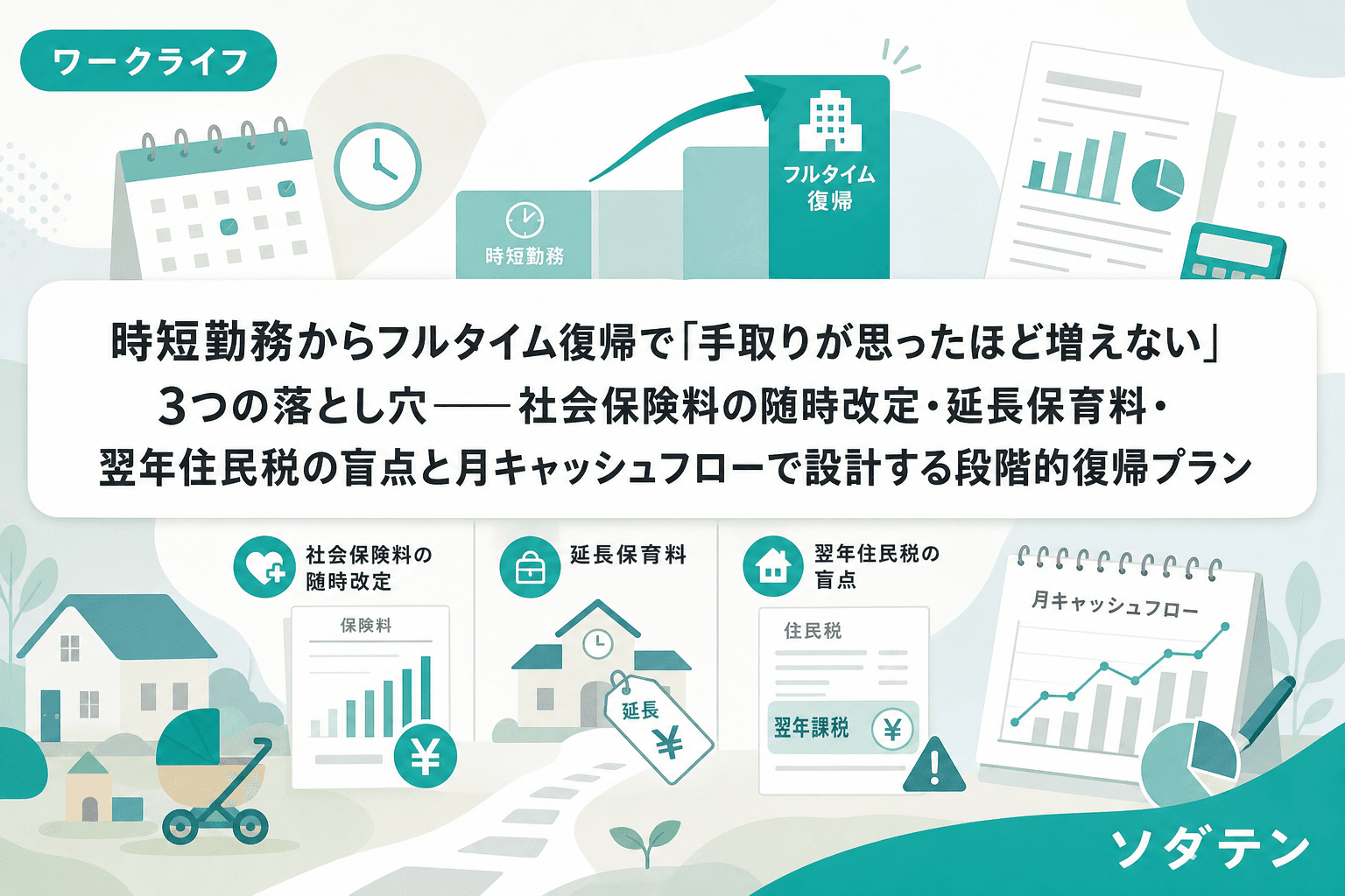 時短勤務からフルタイム復帰で「手取りが思ったほど増えない」3つの落とし穴──社会保険料の随時改定・延長保育料・翌年住民税の盲点と月キャッシュフローで設計する段階的復帰プラン