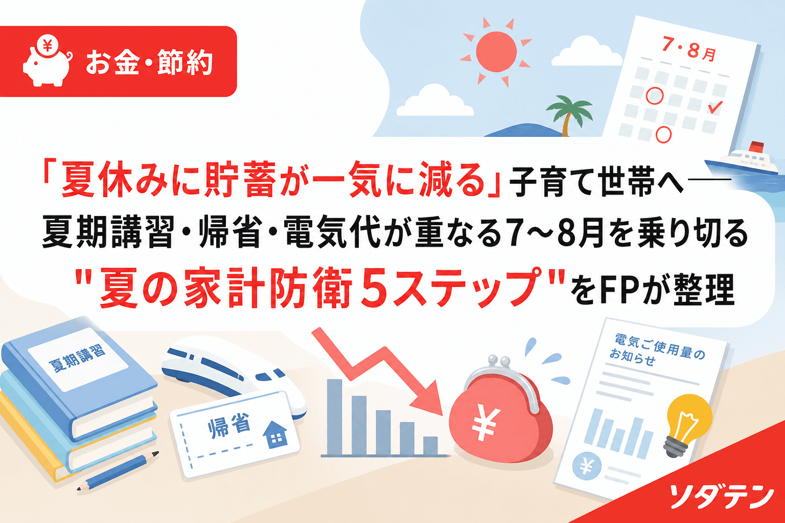 「夏休みに貯蓄が一気に減る」子育て世帯へ──夏期講習・帰省・電気代が重なる7〜8月を乗り切る"夏の家計防衛5ステップ"をFPが整理