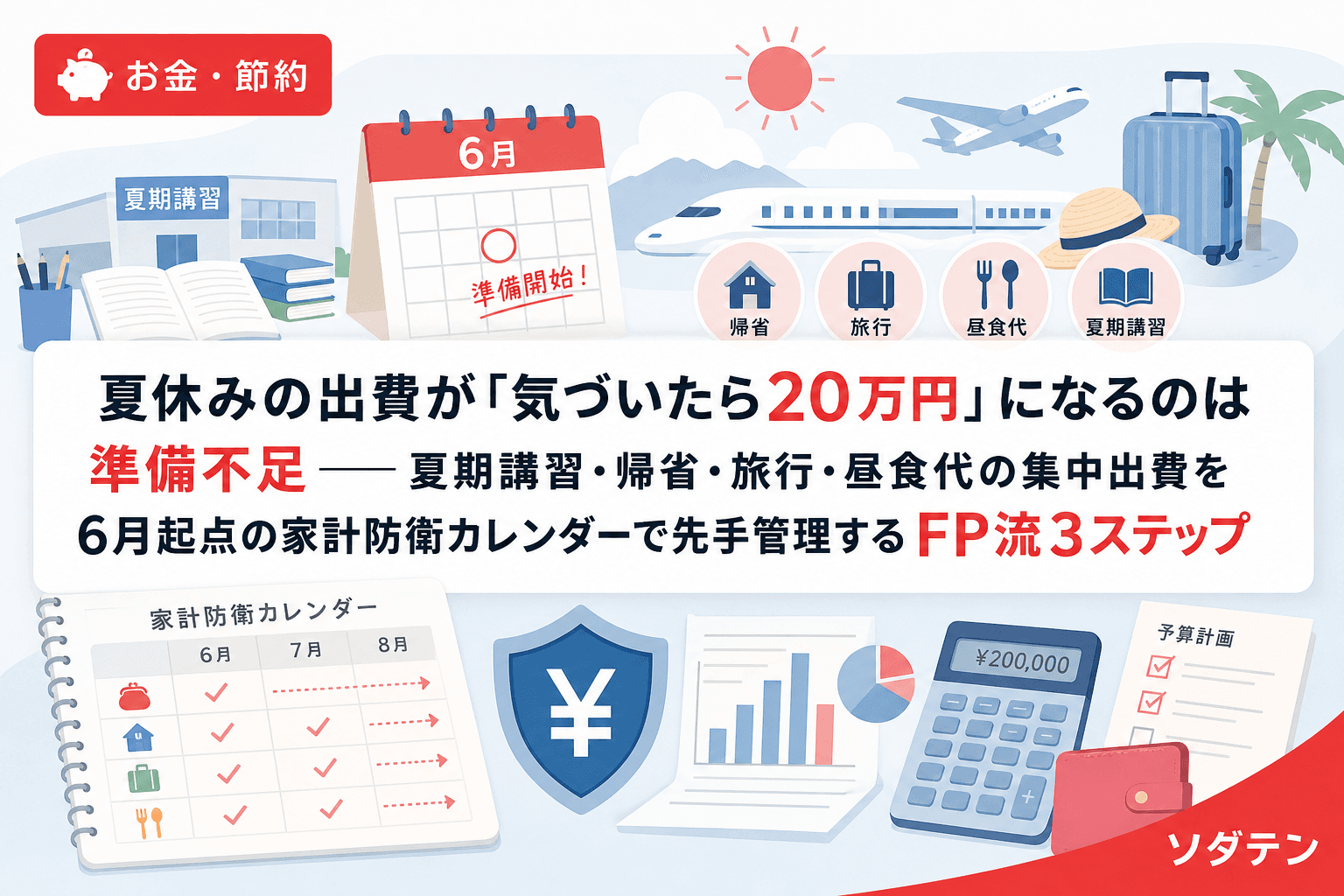 夏休みの出費が「気づいたら20万円」になるのは準備不足──夏期講習・帰省・旅行・昼食代の集中出費を6月起点の家計防衛カレンダーで先手管理するFP流3ステップ