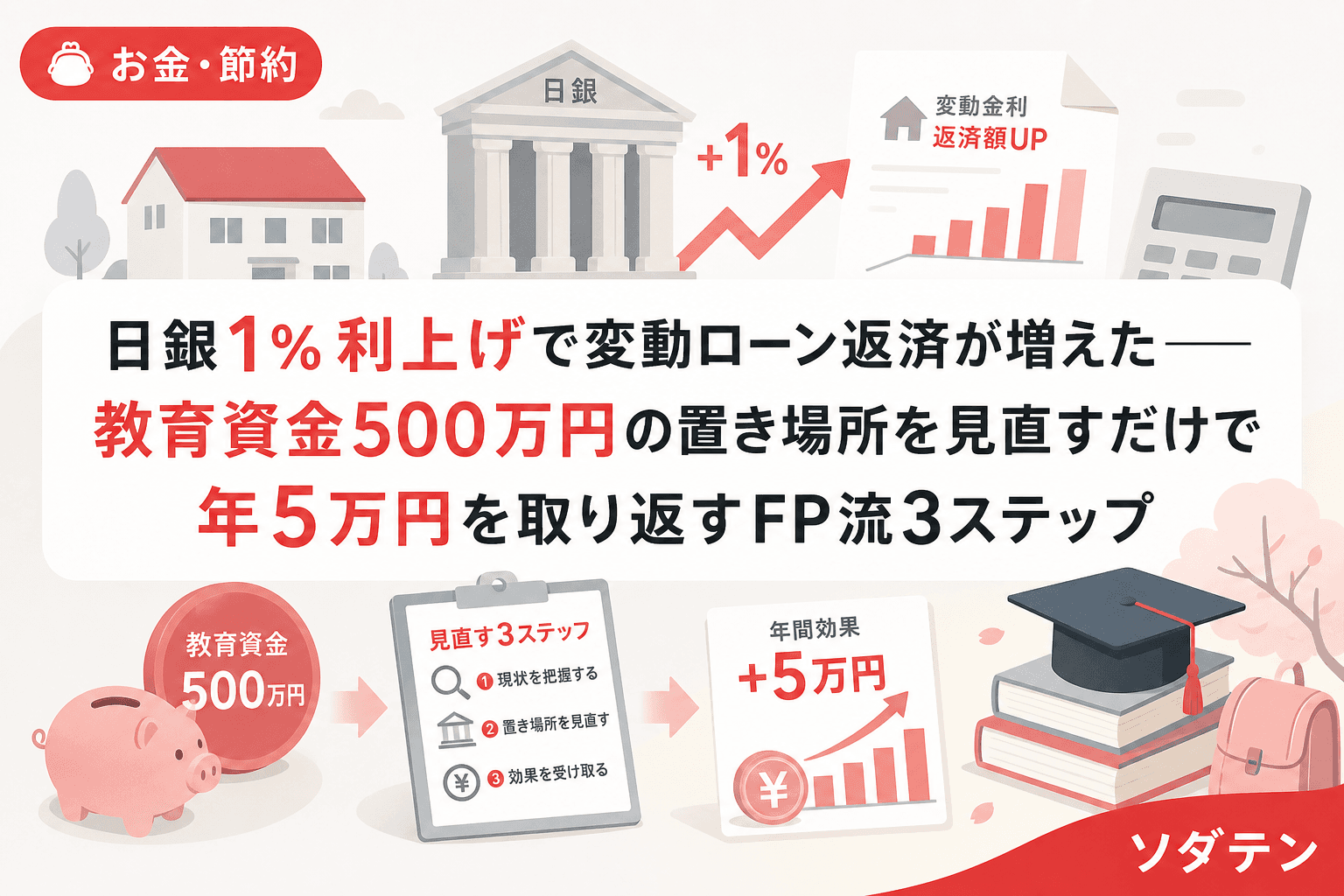 日銀1%利上げで変動ローン返済が増えた──教育資金500万円の置き場所を見直すだけで年5万円を取り返すFP流3ステップ