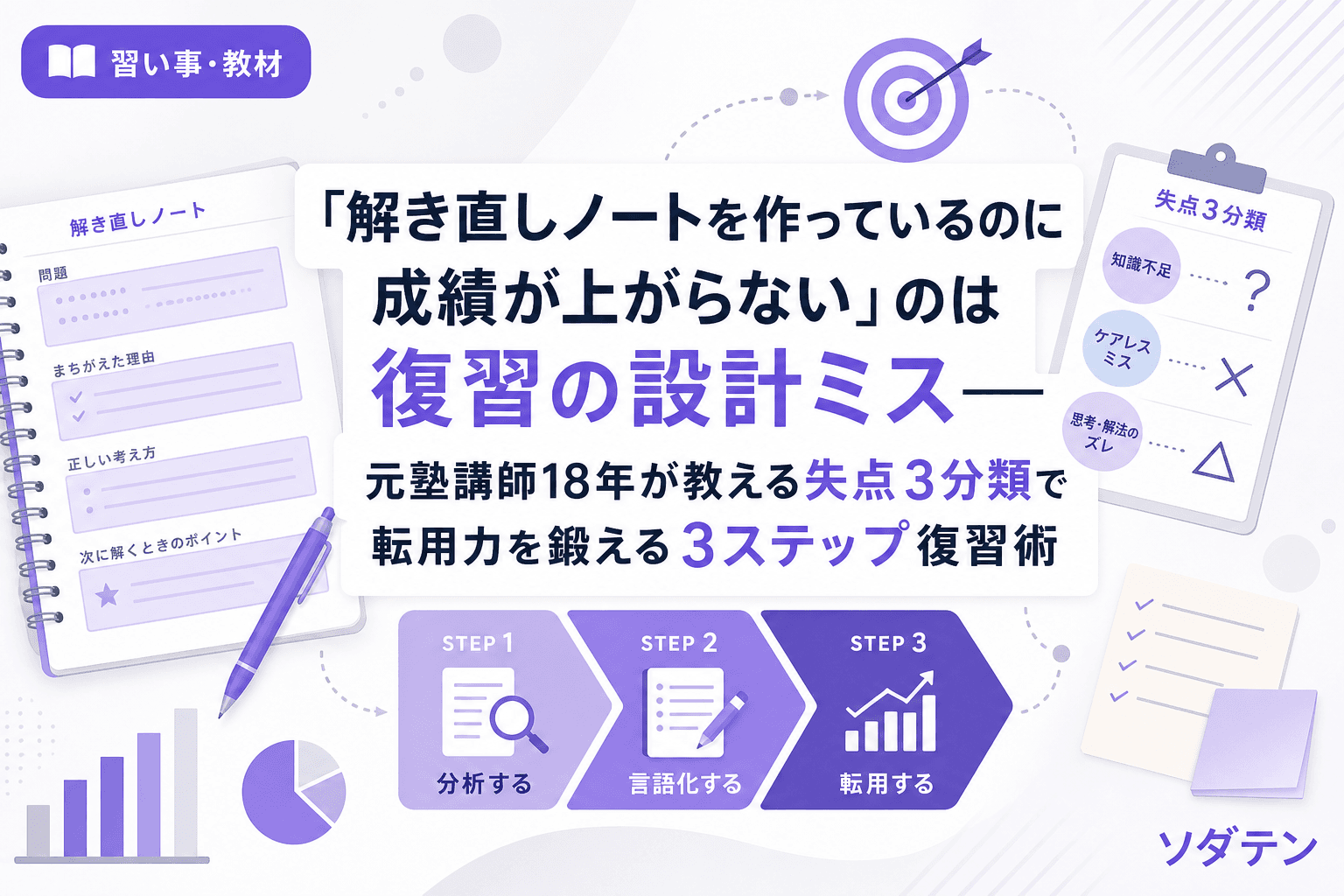 「解き直しノートを作っているのに成績が上がらない」のは復習の設計ミス──元塾講師18年が教える失点3分類で転用力を鍛える3ステップ復習術